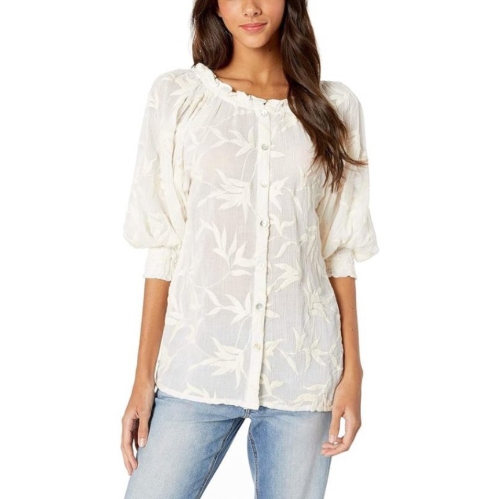 Jen's Pirate Booty Women's St. Kitts top Button-Up Embroidered White size large